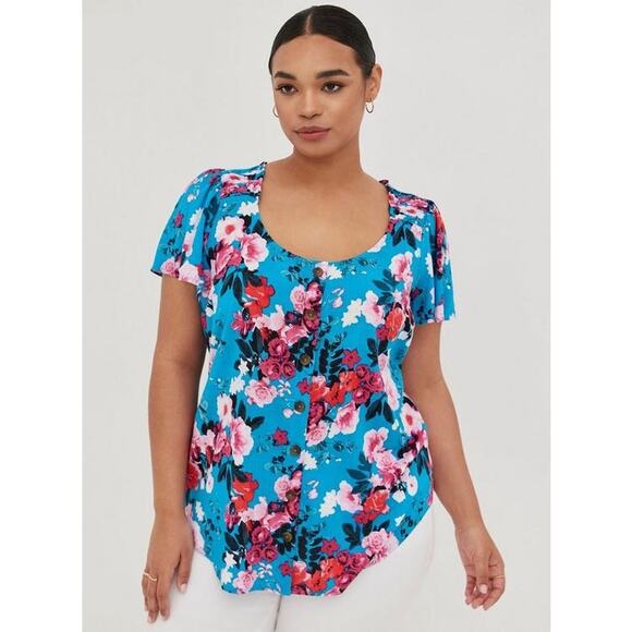Torrid rayon slub floral lightweight pullover decorative button shirt blouse 2 - Picture 1 of 12
